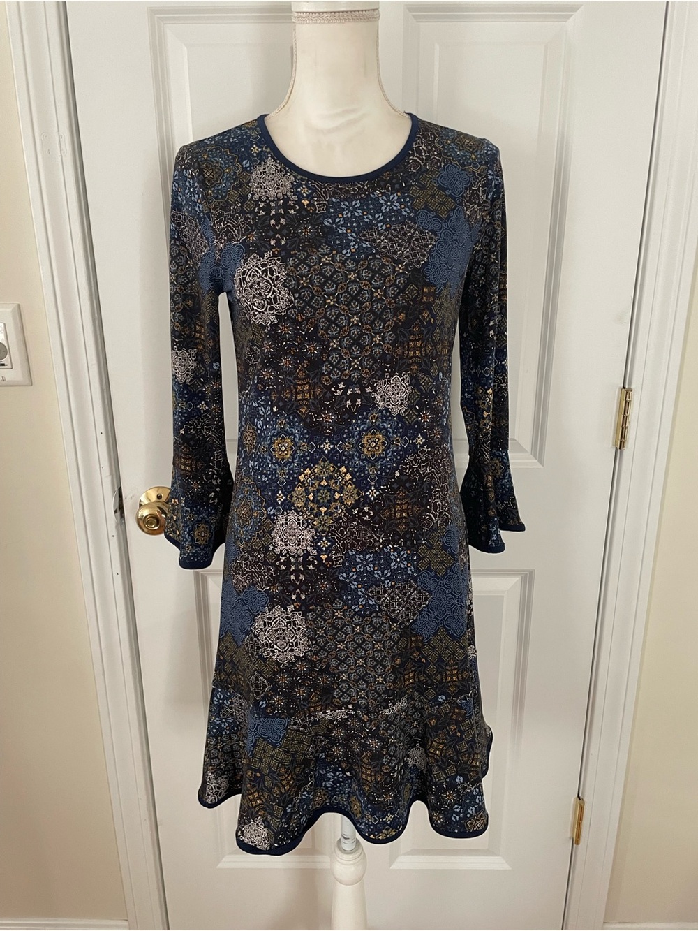 Michael Kors Blue Mosaic-Print Long Sleeve A-Line Dress